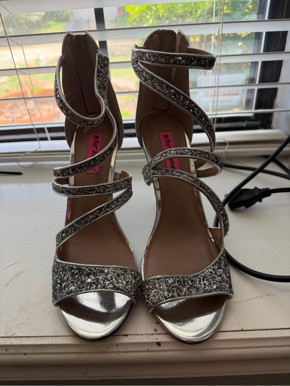 Betsey Johnson Silver Glitter Spiral Strap Heels